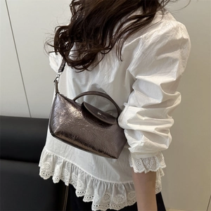 Chic coffee metallic patent leather dumpling bag for women with shoulder strap