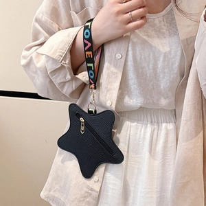 Star-shaped black pebbled leather coin purse with colorful LOVE letter wrist strap