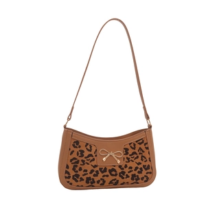 Sac sous le bras rétro en cuir marron avec panneau léopard et nœud en métal doré