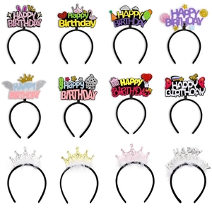 Set of 12 glittery birthday headbands with crowns, feathers and Happy Birthday letters