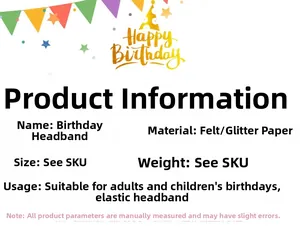 Detailed chart showing glitter birthday crown headband materials and sizing specifications