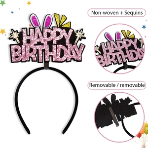 Pink sequin Happy Birthday crown headband with rabbit ears and removable design for kids