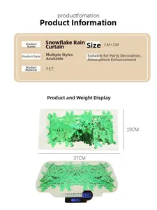 Macro detail of green snowflake foil fringe curtain with PET material and size specifications