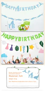 Detail van kleurrijke vilten Happy Birthday-banners met haaienthema voor kinderfeest