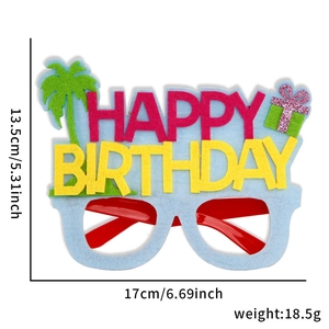 Detail view of felt Happy Birthday party glasses with size dimensions and palm tree motifs
