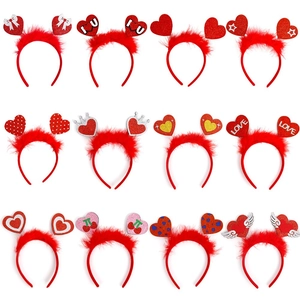 Set of 12 red Valentine's Day heart headbands with feathers, sequins and LOVE lettering