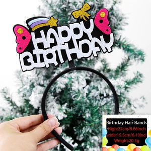 Detail of Happy Birthday headband with white felt letters, gold stars and rainbow icons