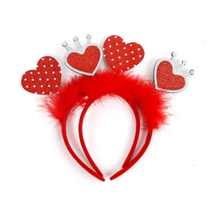 Serre-tête en plumes rouges avec cœurs et couronnes pailletés pour la Saint-Valentin