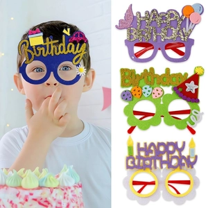 Kids birthday glasses set featuring glitter gift boxes and party hats in vibrant colors