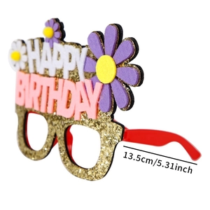 Golden glitter Happy Birthday party glasses with daisies and red frames, 13.5cm wide