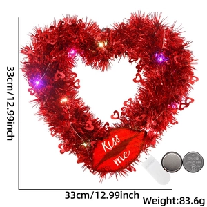 Red heart sequin wreath with LED lights, Kiss me lips decor and CR2032 batteries included