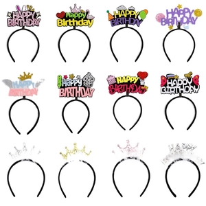 Set of 12 colorful Happy Birthday headbands with glitter crowns and festive party icons