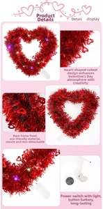 Detail of red heart tinsel wreath with LED lights and CR2032 battery power source