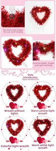 Detail of red heart-shaped sequin wreath with LED light modes for Valentine decor
