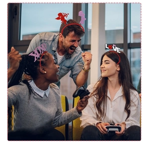 Three cheerful friends wearing red glitter heart and LOVE headbands for Valentine parties