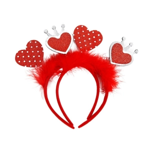 Serre-tête cœur rouge avec plumes, paillettes et couronne argentée pour fête romantique