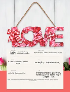 Wooden LOVE sign with red rose patterns and a checkered bow for Valentine decoration