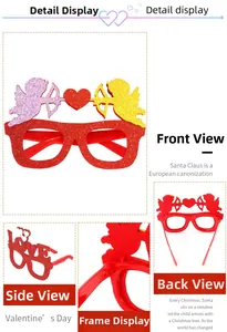 Detailed views of Valentine's Day glitter glasses with Cupid and LOVE letter accents