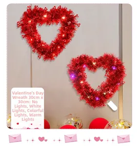 30cm red tinsel heart wreath for Valentine decor with multi-color LED light options