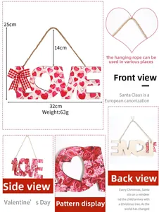 Detail view of LOVE wooden sign with pink hearts, plaid bow, and twine hanger for Valentine