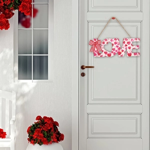 Valentine's Day wooden LOVE door sign with heart patterns and plaid bow decoration