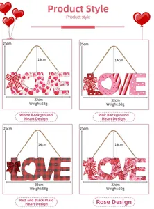 Detailed views of LOVE wooden hanging signs in heart and floral patterns for Valentine's decor