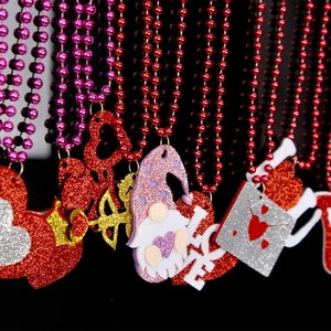 Valentine's Day Plastic Beaded Necklace With Glitter Heart Cupid Gnome Pendant Romantic Party Favor Accessories For Women