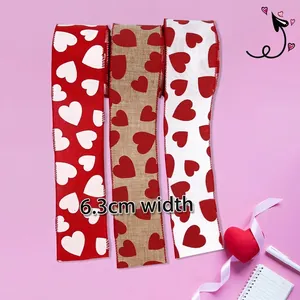 6.3cm heart printed burlap ribbons in red, white and beige for Valentine gift wrapping