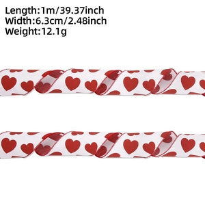 Detailed size specifications for 6.3cm wide white ribbon with red heart print patterns