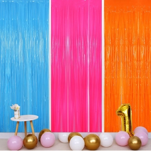 Neon macaron foil fringe curtains for party backdrop decoration in blue pink and orange