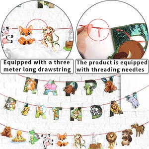 Cartoon Tiere Happy Birthday Banner mit 3m Schnur und Motiven von Löwen und Affen