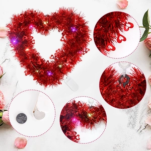 Red sequin heart wreath with LED lights for Valentine party decor with CR2032 battery