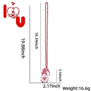 Detailed view of Valentine's Day gnome pendant with red bead chain and size specifications