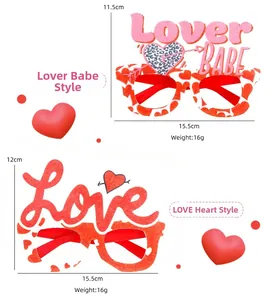 Detailed view of Valentine's Day party glasses with Lover and Love glitter felt frames
