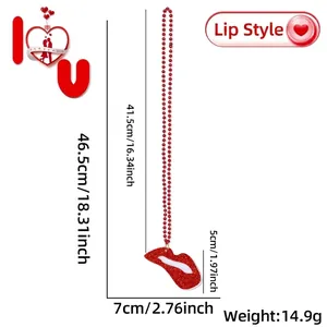 Detail of red bead chain necklace with glittery red lip pendant and product dimensions