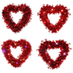 Red heart-shaped tinsel wreath with LED lights for Valentine wedding party decor