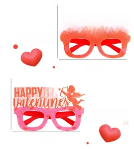 Macro view of Valentine party glasses with Miss You text and Cupid heart motifs