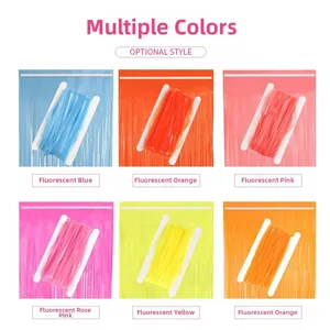 Detailed grid view of six vibrant fluorescent macaron fringe curtains for party backgrounds