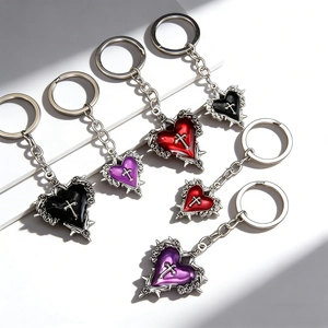 Gothic Dark Heart Cross Keychain Alloy Thorn Rose Pendant Punk Key Ring For Bags Backpacks Women Men Fashion Jewelry Gift