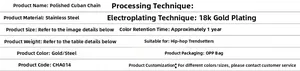 Detailed technical specifications for 12mm 18k gold-plated stainless steel Cuban chains