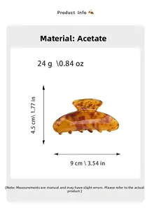 Detailed product specs of tortoise shell acetate hair claw clip measuring 9cm x 4.5cm