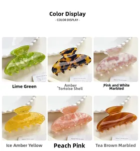 Detailed grid display showing six colorful large acetate hair claws for elegant styling