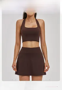 Slim fit dark coffee yoga set featuring a square neck tank top and high waist sports skirt