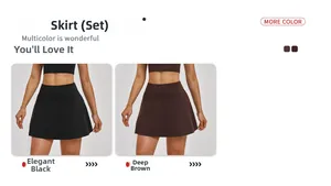 Detail view of high-waisted A-line sports skirts in black and dark brown colors