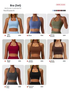 Detail showing eight color options of seamless high-stretch halter yoga bras in grid layout