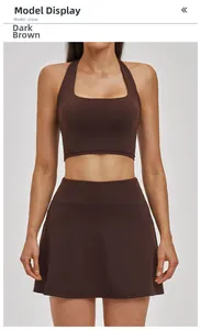 Front view of dark brown halter crop top and tennis skirt set for women sportswear