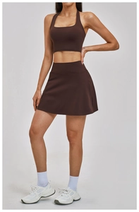 Deep coffee brown yoga set with halter square neck sports bra and high-waist skort