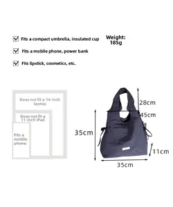 Detailed dimension guide for lightweight nylon tote bag with side drawstring showing 35cm height