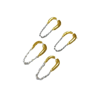 Minimalist two-tone chain tassel hoop earrings in gold and silver finish on white background
