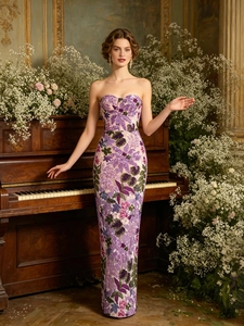 Elegant strapless violet floral embroidery gown with sequins and slim fit silhouette